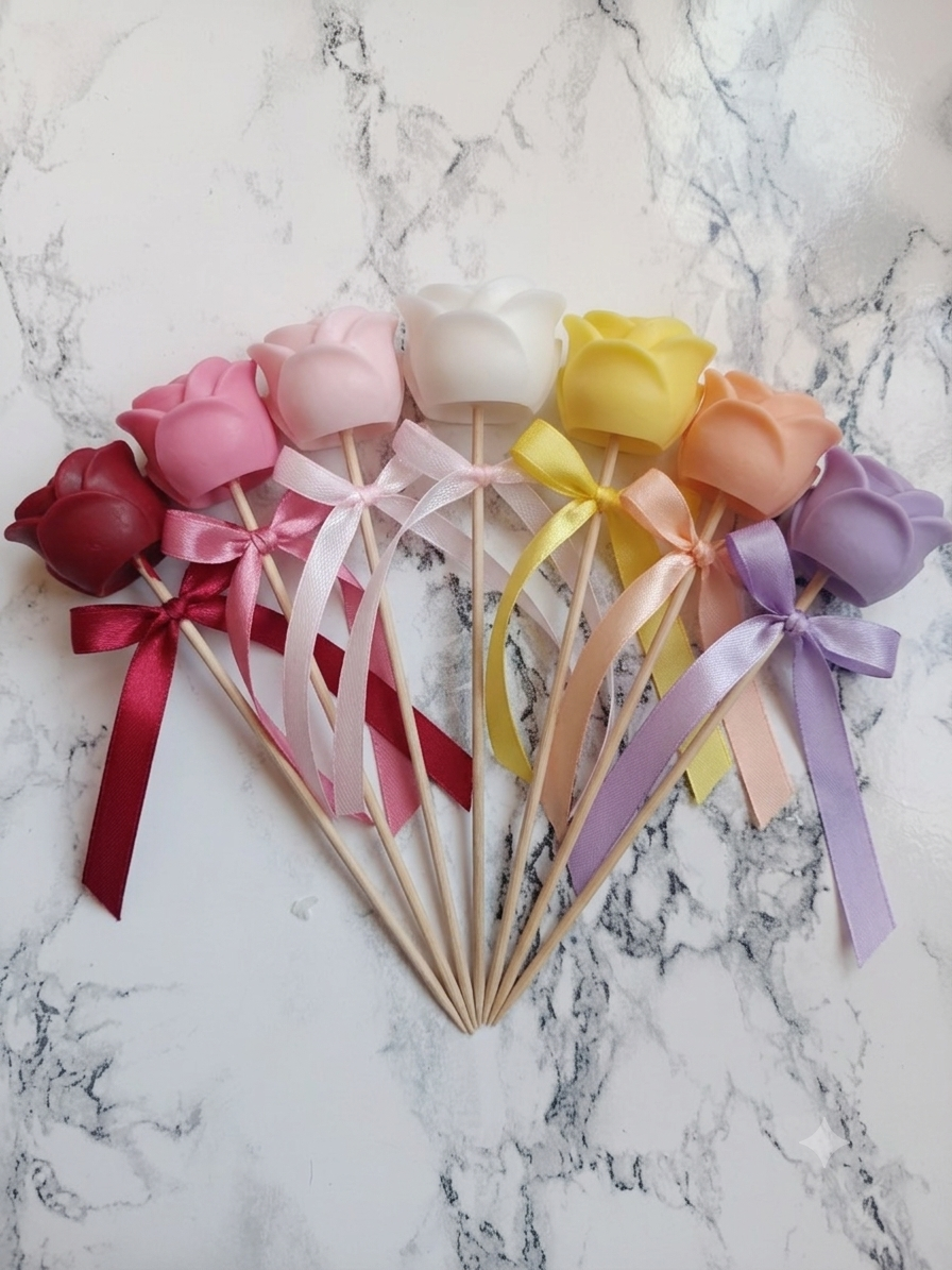 Rose Candle Pastel - velas artesanales de soja en forma de rosa con palito y lazo en 7 colores