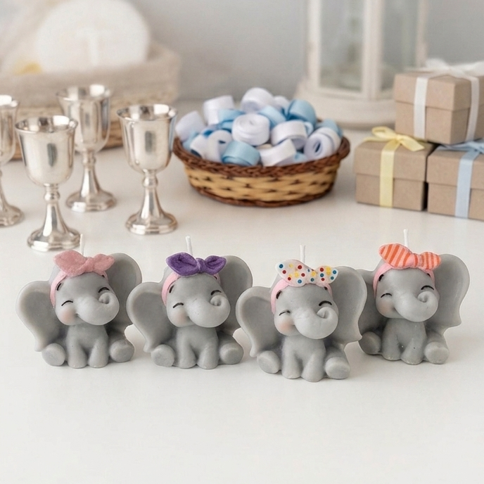 Vela Artesanal Elefante NIÑA de Cera de Soja - Personalizable para Bautizos y Baby Showers