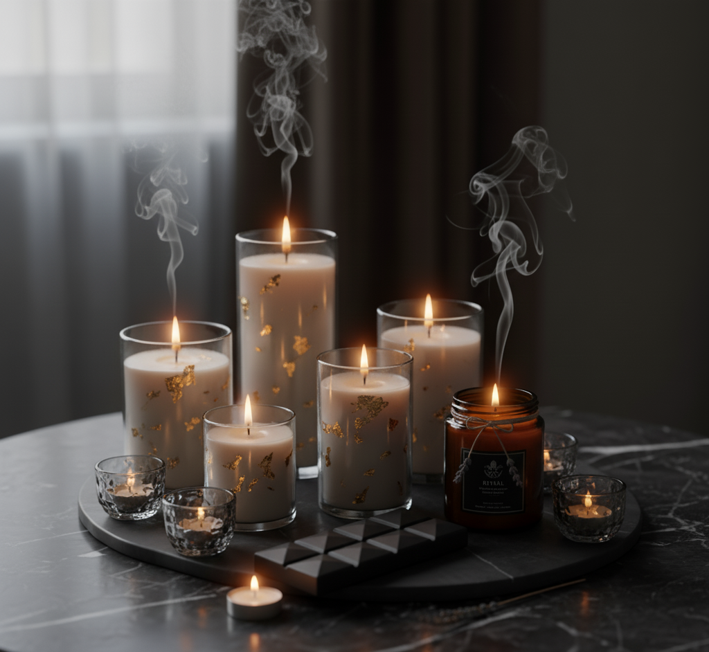 Primer plano de varias velas aromáticas encendidas en recipientes de cristal, creando un ambiente cálido y acogedor con un suave humo. Texto "La calidez que transforma tu hogar"