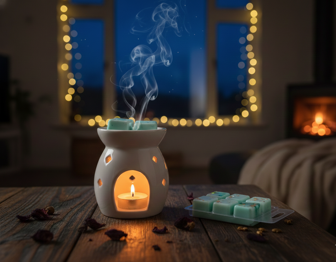 Foto estilo de vida con chimenea waxmelt jardin oculto quemador de cera Aralia Candles