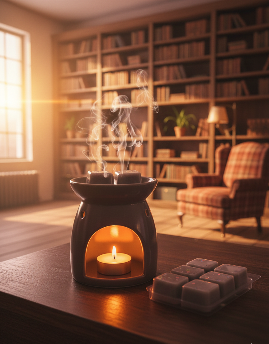 Foto lifestyle waxmelt nocturna habitacon libreria quemador de cera Aralia Candles