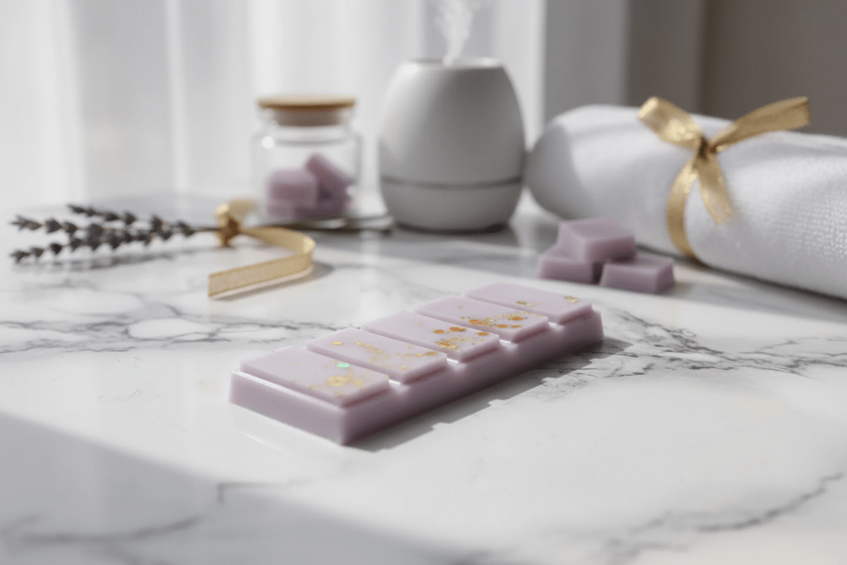 Barra de wax melt en ambiente spa de lujo