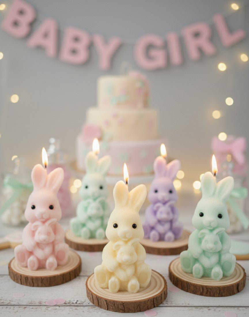 Vela Artesanal Conejito Mamá y Bebé de Cera de Soja - Personalizable para Baby Shower y Bautizos | Aralia Candles - AraliaCandles