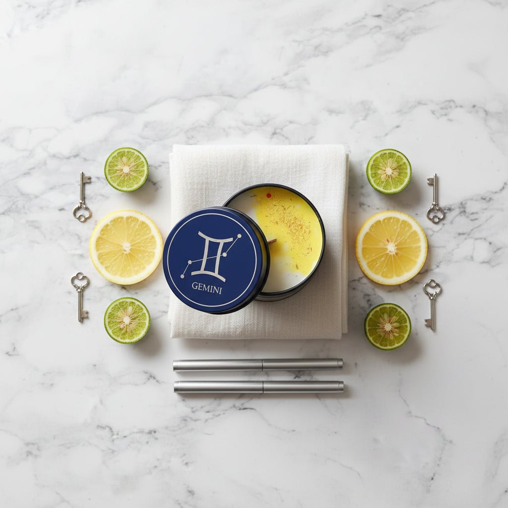 flatlay geminis aralia candles