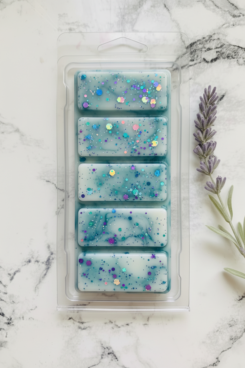 Wax melt tableta azul blanco con glitter iridiscente