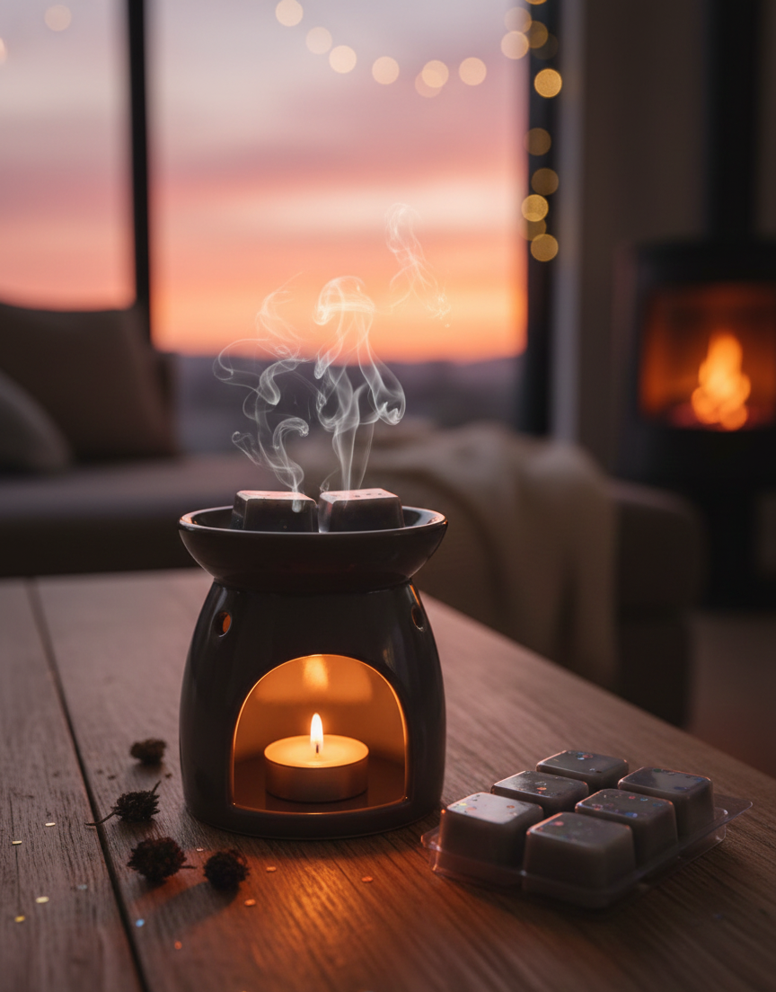 Imagen de estilo de vida ventanal y chimenea quemador de cera waxmelt nocturna Aralia Candles