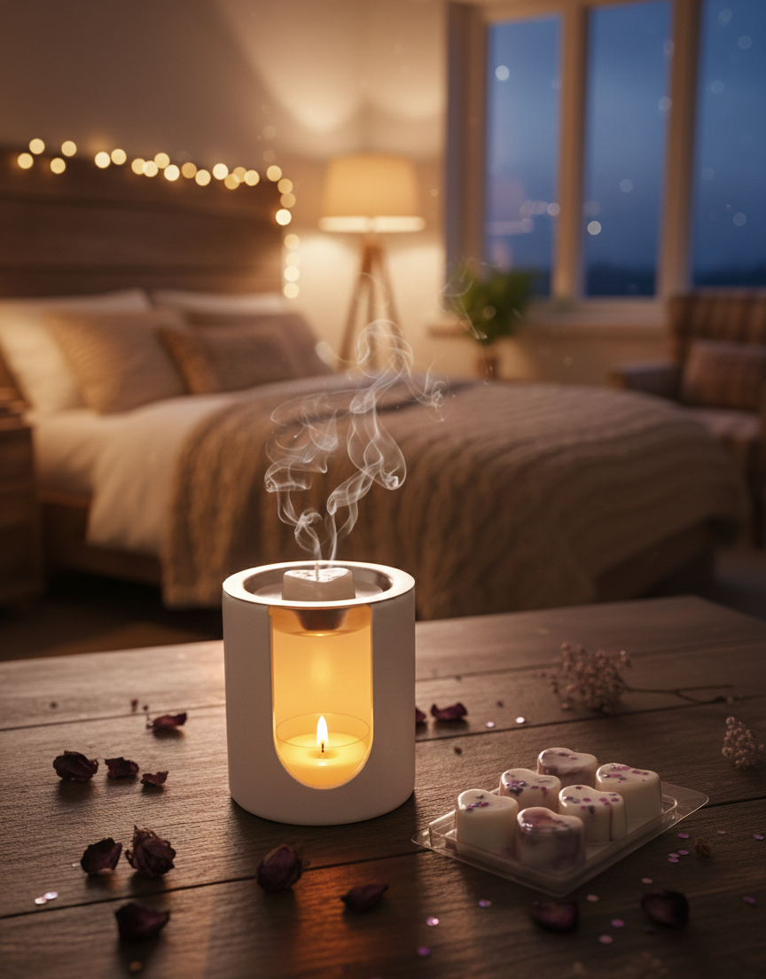 Imagen de estilo de vida en quemador de cera waxmelt nocturna Aralia Candles