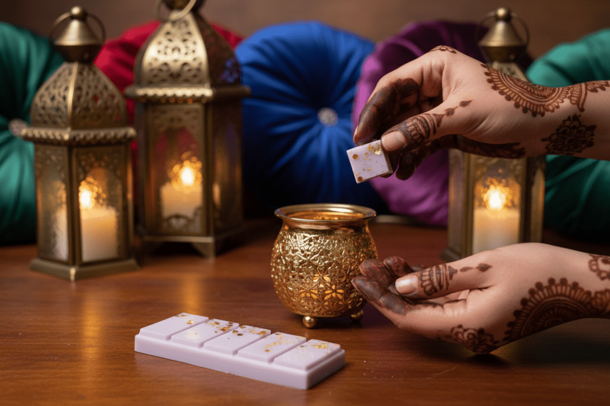 Manos con henna sosteniendo trozo pequeño de wax melt, barra plana en mesa