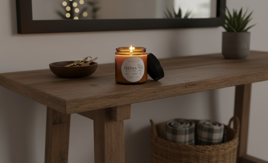 Vela aromática Susurro Pera Peonía cera soja en mesa decorativa elegante ambiente Aralia Candles

